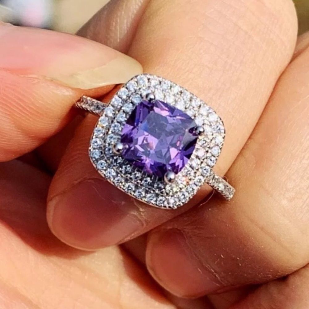 💎A079💎 *NEW DAINTY 925 STERLING SILVER DIAMOND HALO AMETHYST RING - Picture 3 of 6